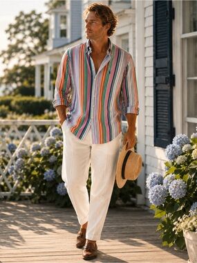 Ralph Lauren Classic Fit L Colorful Stripe Button Down Shirt Coastal Preppy